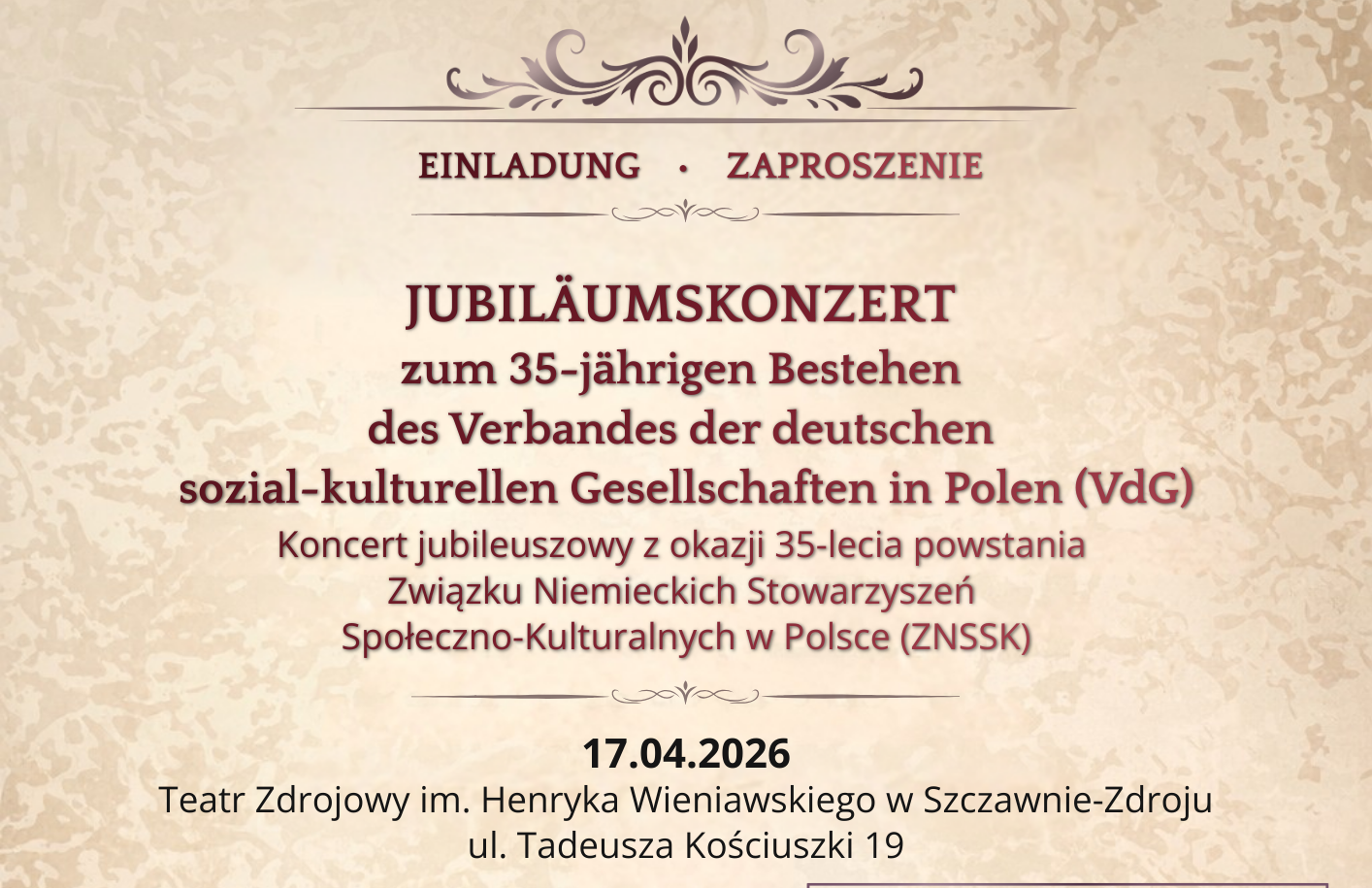 Koncert jubileuszowy z okazji 35-lecia powstania Związku Niemieckich Stowarzyszeń Społeczno-Kulturalnych w Polsce (ZNSSK)